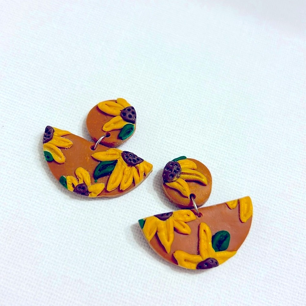 Fall sunflower polymer clay earrings handmade new brown yellow green floral